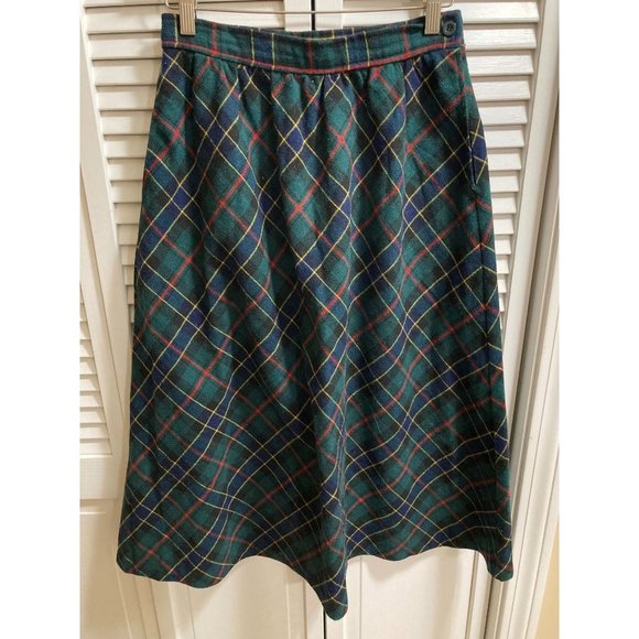 Vintage 70s Space Legs Green and Red Plaid Midi A-Line Skirt Kilt Size 11/12 - Picture 1 of 3